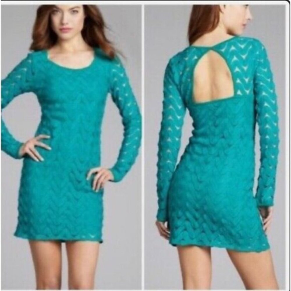 Free People Wild Thing Cutout Back Chevron Lace Mini Long‎ Sleeve Dress M